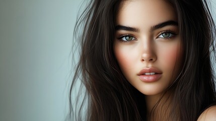 Fototapeta premium Fashionable young model woman with long healthy dark straight smooth hair and makeup studio beauty portrait : Generative AI
