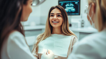 Dentist and nurse making professional teeth cleaning female young patient at the dental office