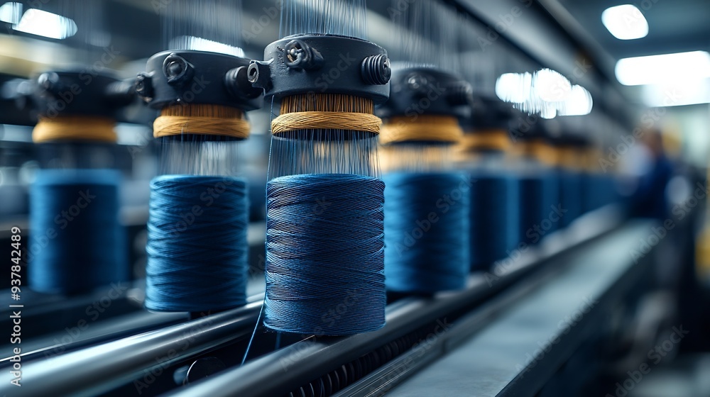 Poster textile industry machine with threads and worker in background : generative ai