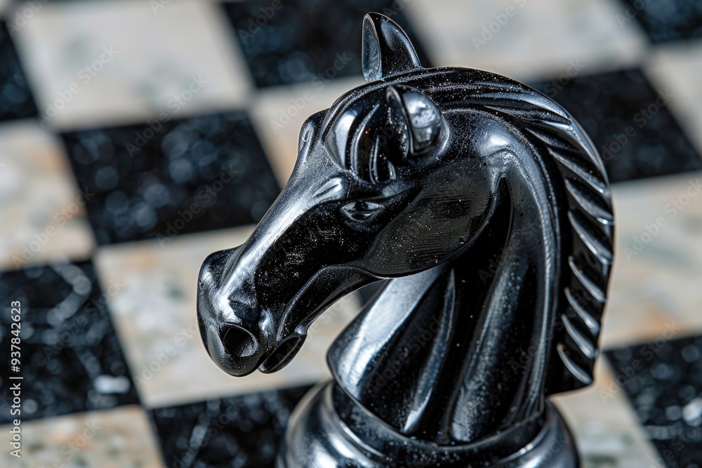 Poster a detailed view of a chess board featuring a horse piece, ideal for use in articles or presentations