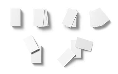 A collection of plain white business cards is displayed on a white background, with multiple stacks and angles highlighting their minimalist design