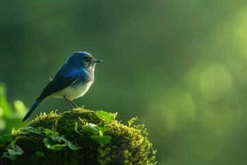 Naklejka premium A small blue bird perched on top of a moss-covered tree, a serene and peaceful scene