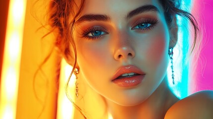 Fototapeta premium Fashion model woman in colorful bright lights with trendy makeup Beautiful girl with earrings jewelry Beauty and accessories Neon and orange with green color : Generative AI