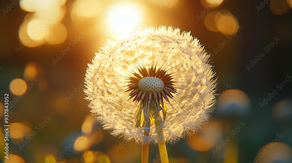 Aufkleber White dandelion in a forest at sunset Macro image shallow depth of field Abstract summer nature background : Generative AI
