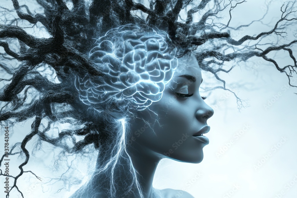Poster a surreal and abstract portrayal of a woman with tree like neural branches growing from her head sym