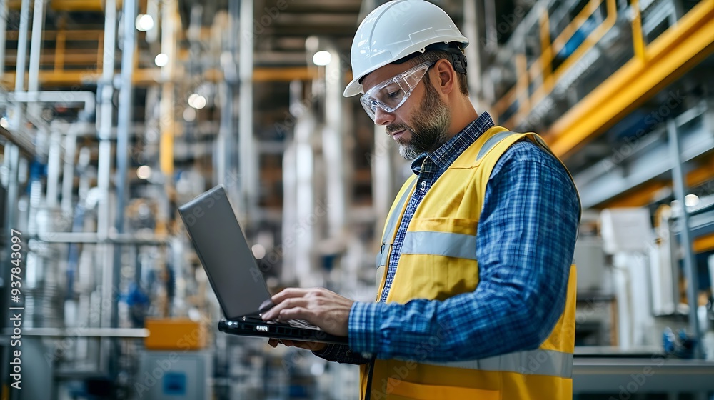 Aufkleber industrial engineer working at a technology factory middle aged male using laptop computer at work b