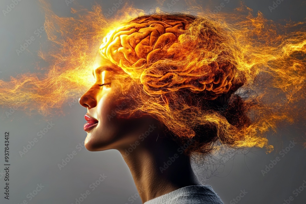 Aufkleber a dynamic portrayal of a woman with a fiery brain symbolizing the intense power of creative thought 