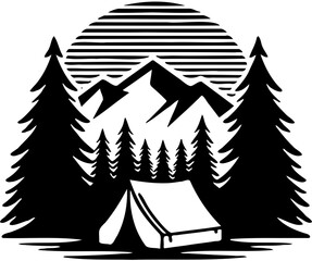 Simple black and white camping scene photo with mountains in the background, pine trees on the sides, and a tent in the foreground with no shading or color fill.