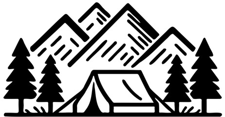 Fototapeta premium Simple black and white camping scene photo with mountains in the background, pine trees on the sides, and a tent in the foreground with no shading or color fill.