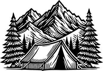 Obraz premium Simple black and white camping scene photo with mountains in the background, pine trees on the sides, and a tent in the foreground with no shading or color fill.