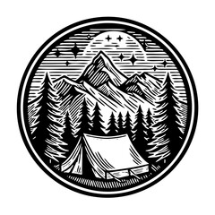 Simple black and white camping scene photo with mountains in the background, pine trees on the sides, and a tent in the foreground with no shading or color fill.