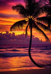 Naklejka premium vibrant palm silhouettes stunning sunset hues creating breathtaking tropical scene, beach, colorful, sky, clouds, evening, orange, pink, purple, landscape