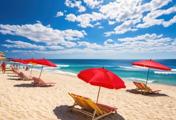Fototapeta premium stunning beach scene showcasing brightly colored umbrellas backdrop gentle rolling waves clear blue sky, view, sand, ocean, summer, coastline, horizon