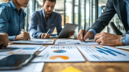 Business team analyzing data and planning strategies during a collaborative meeting, focusing on teamwork