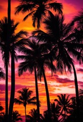 vibrant palm silhouette framed stunning sunset backdrop rich colors textures highlighting natural beauty scene, sky, orange, pink, blue, yellow, clouds, shadow