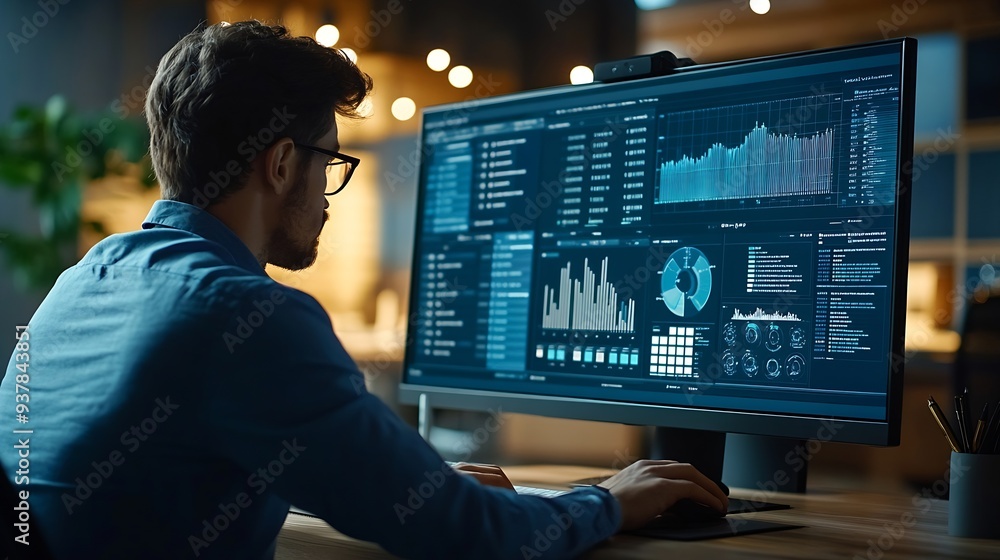 Aufkleber Businessman working with data management system on computer to make report with KPI and metrics connected to database finance operations sales marketing KPI business performance indica : Generative AI