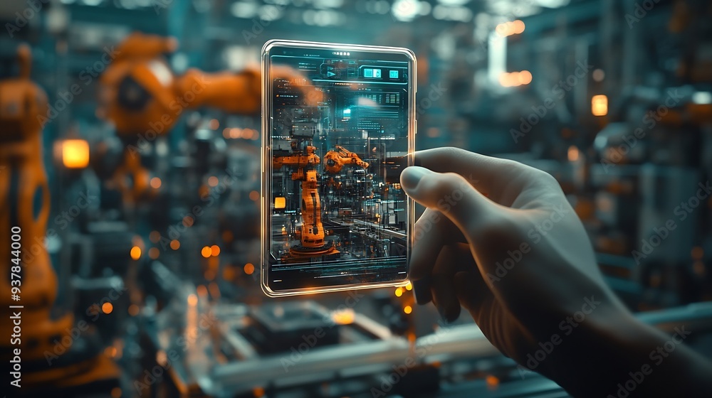 Aufkleber Engineer uses a futuristic transparent smartphone to control robots in a smart factory Smart industry 40 concept : Generative AI