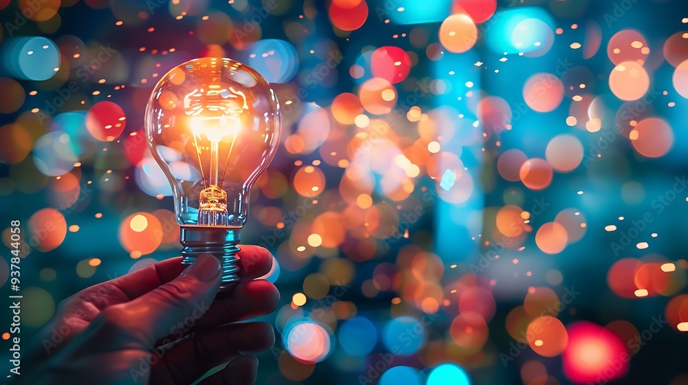 Poster hand holding a glowing light bulb in front of a colorful bokeh background. the image symbolizes idea