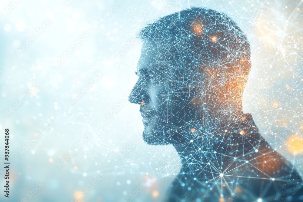 Poster a futuristic side profile of a man with neural connections glowing symbolizing the advanced integrat