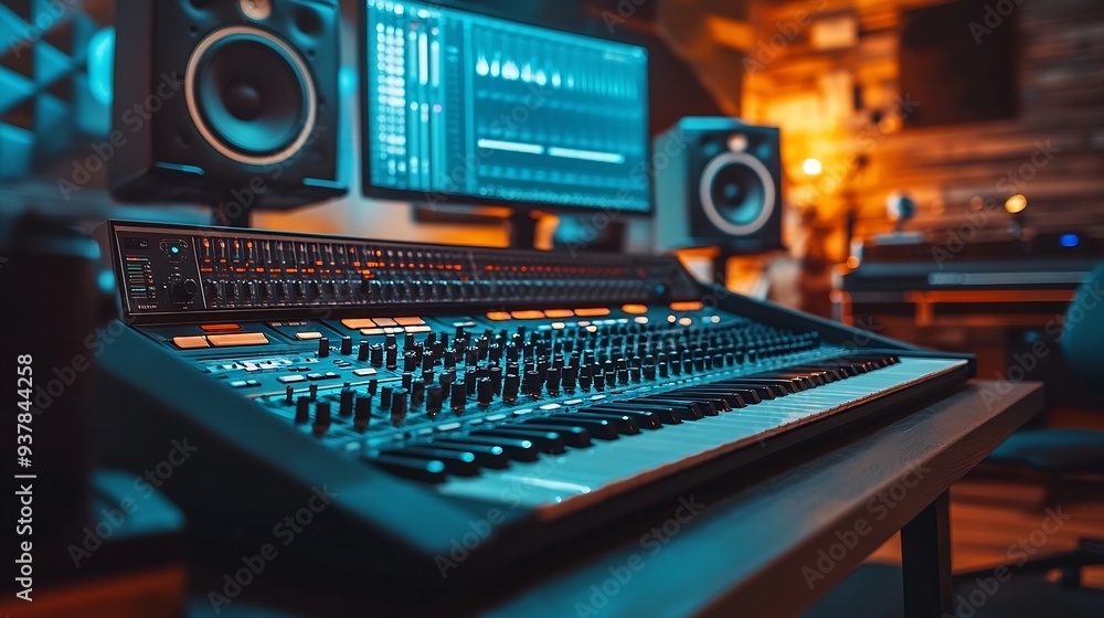 Poster empty studio at home equipped with mixing soundboard panel and other musical instruments music indus
