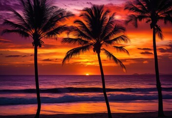 tropical palm silhouettes framed vibrant sunset stunning color gradients, sky, orange, red, yellow, clouds, nature, landscape, light, scene, beauty, view