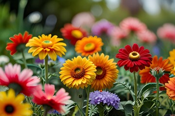 A diverse collection of bright flowers in a field, highlighting the beauty and richness of nature's palette.