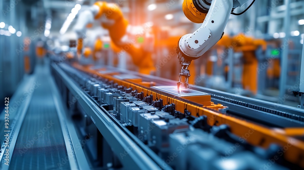 Aufkleber industrial robot arms assemble lithiumion ev battery pack row of white robotic arms at automated pro