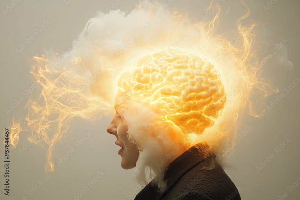 Poster a man with a glowing brain and an explosion of thoughts symbolizing the immense power of creativity 