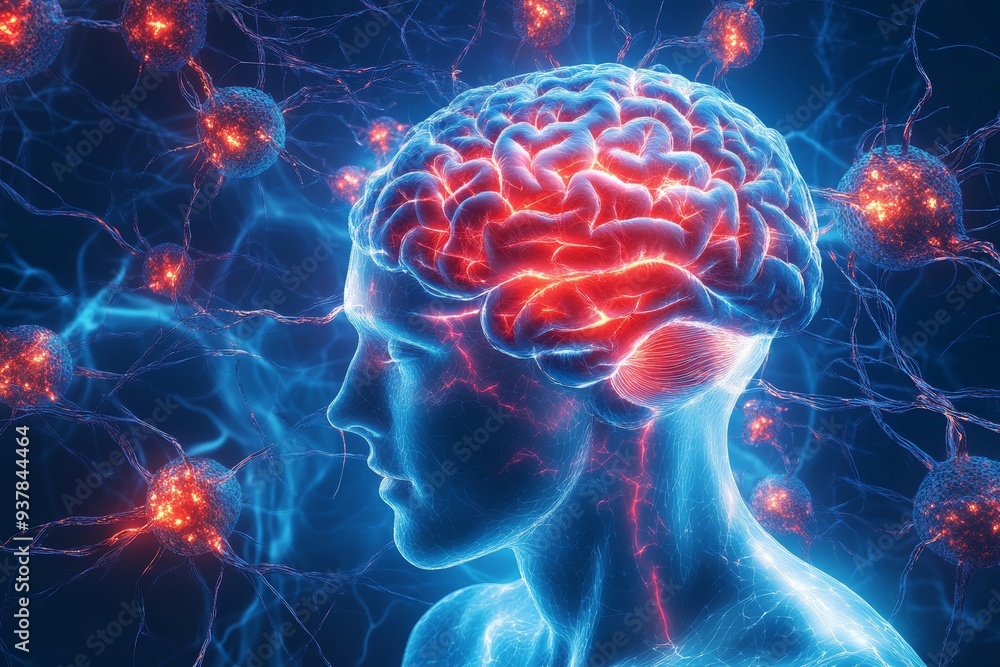 Poster a vibrant depiction of a human brain with glowing synapses and neural connections illustrating the d