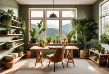 Fototapeta premium serene workspace featuring nature inspired design elements enhance productivity creativity calm environment, decor, plants, wood, light, colors, textures
