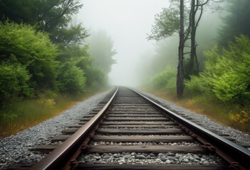 Fototapeta premium weathered train tracks stretching into misty horizon surrounded ethereal fog soft light, landscape, scenery, path, journey, nature, travel, outdoors, rustic