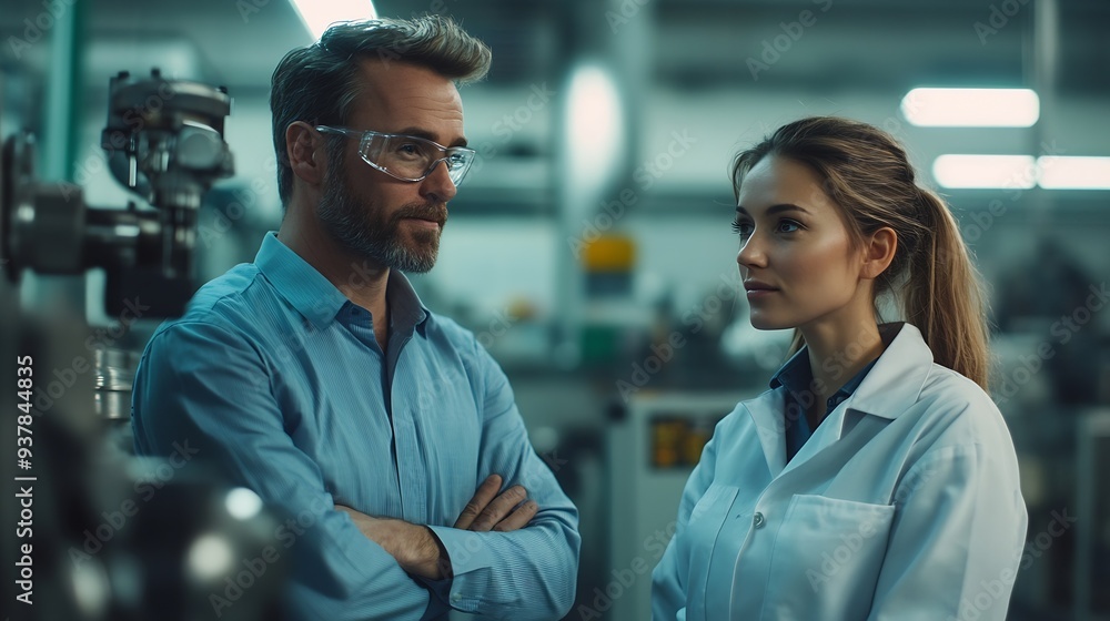Poster Handsome manager train female technician to work in automated production factory Industrial engineer teamwork standing in manufacturing facility discussing machinery technology in high : Generative AI