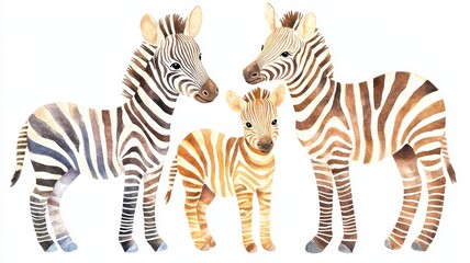 Fototapeta premium Set of baby zebras, striped coats, standing together, isolated, white background, Watercolor style