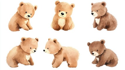 Fototapeta premium Set of baby bears, small and cuddly, playful antics, isolated, white background, Watercolor style