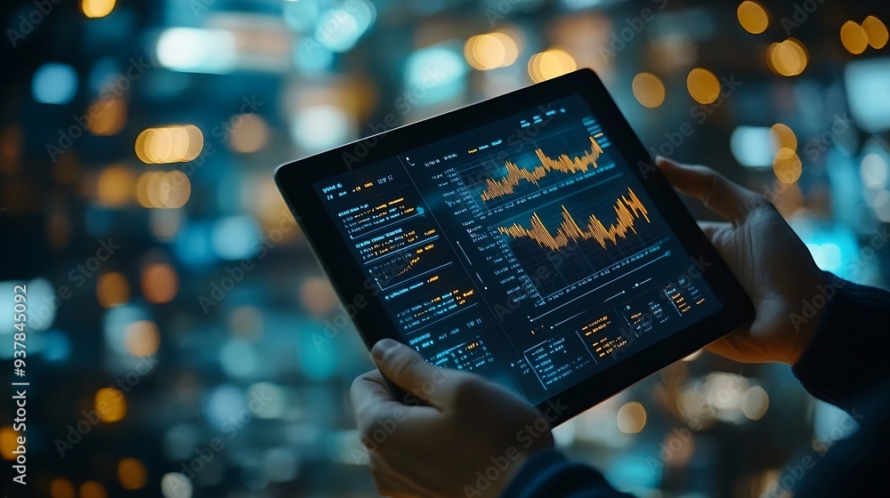 Poster business finance and investment concept businessman using digital tablet analyzing and calculating f