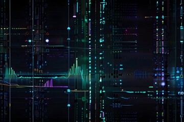 A computer screen with a circuit board and colorful lights, illustrating the complexity of electronic components and technology.