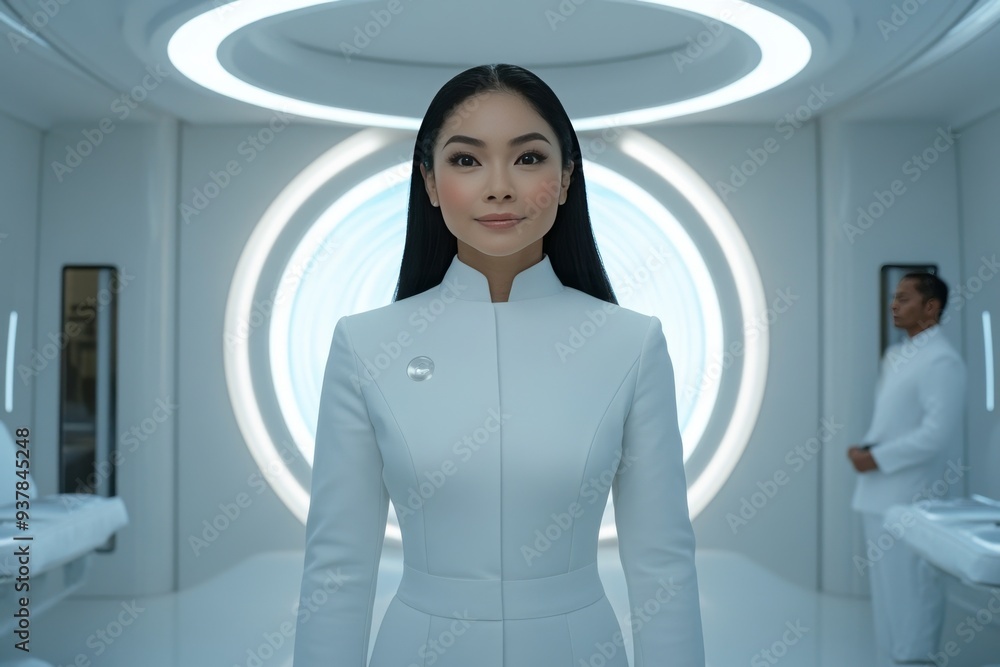 Poster a futuristic woman in a high tech laboratory setting symbolizing the intersection of advanced techno