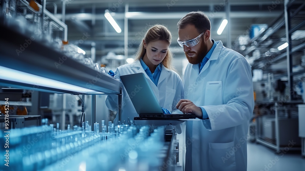 Poster Experienced Male and Female Engineers Standing on a Platform at a Modern Industrial Factory Using Laptop Computer and Discussing Production of Modern Electronics for Artificial Intelli : Generative AI