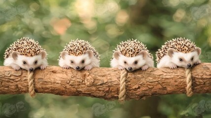 Obraz premium Set of baby hedgehogs, tiny quills, curled up, isolated, white background, Watercolor style