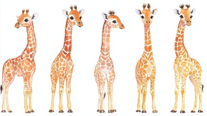 Obraz premium Set of baby giraffes, long necks, curious expressions, isolated, white background, Watercolor style