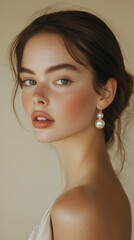 Naklejka premium close up portrait of a woman, portrait of a woman, model wearing pearl earrings, side profile of a female model