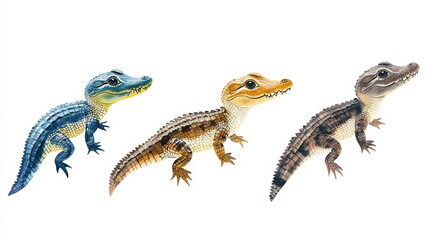 Fototapeta premium Set of baby crocodiles, tiny and fierce, isolated, white background, Watercolor style
