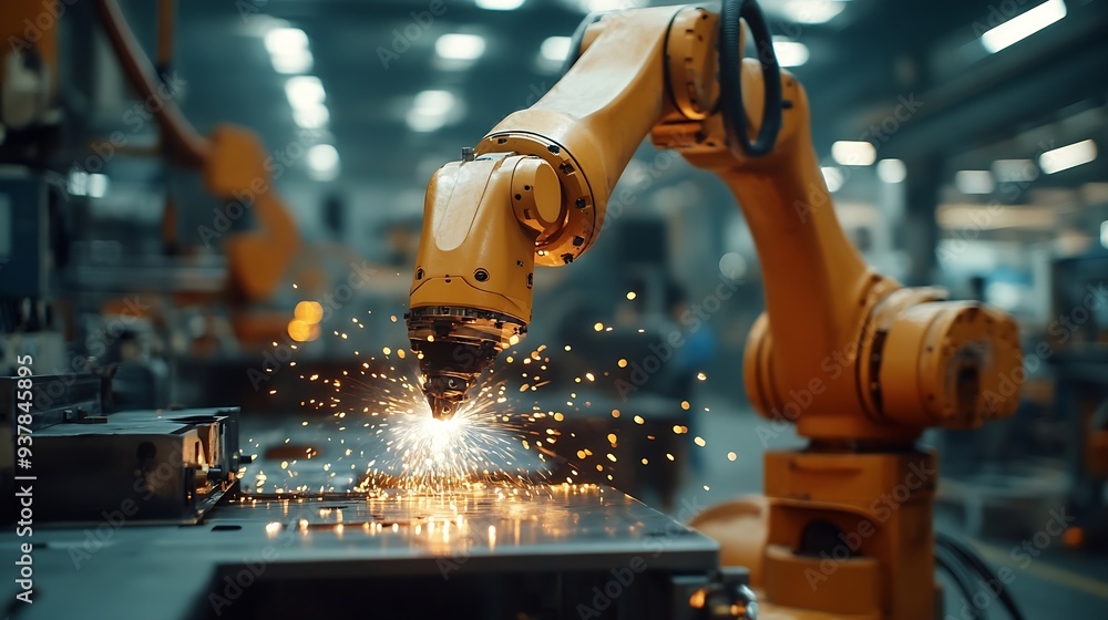 Aufkleber Engineers team mechanic using computer controller Robotic arm for welding steel in steel factory workshop Industry robot programming software for automated manufacturing technology : Generative AI