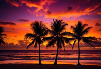 Obraz premium stunning vibrant palm tree silhouettes colorful sunset backdrop creating tropical paradise atmosphere, colors, sky, nature, landscape, horizon, light, shadow