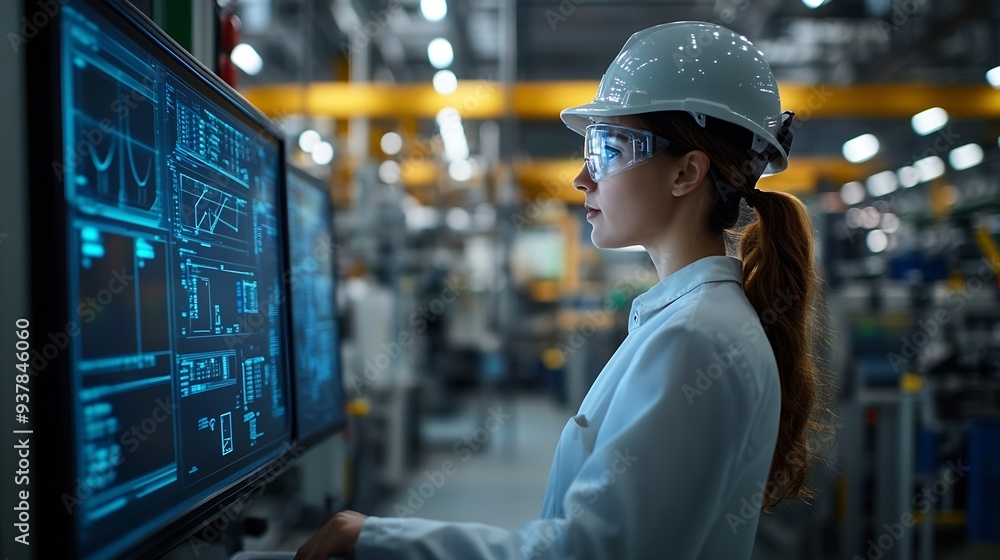 Aufkleber Worker following factory production line uses screens with industry Internet of things Smart factory digital transformation : Generative AI