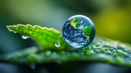 Water drop and leaf with earth for sustainability and awareness of climate change nature and environment Globe plant and droplet on blade of grass for eco friendly future and clean ene : Generative AI