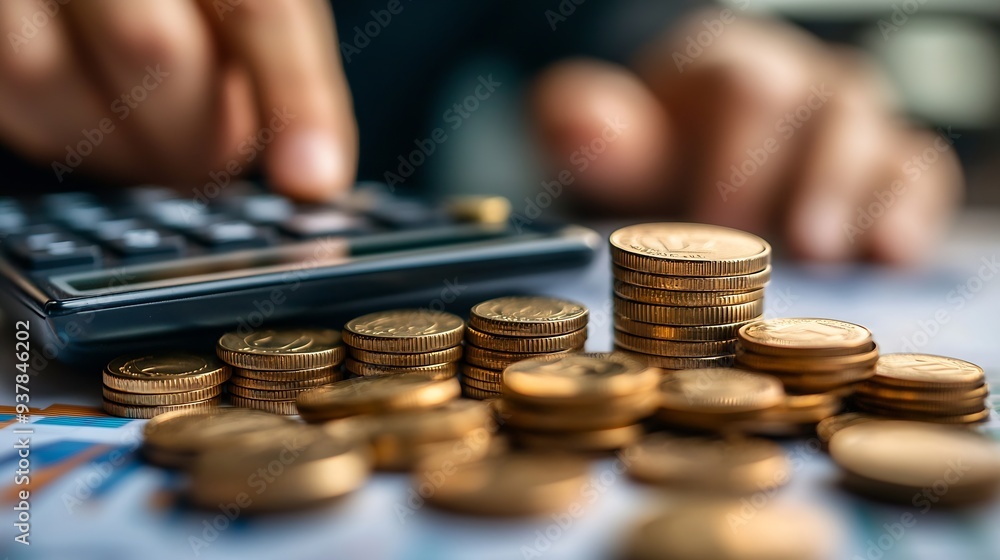 Poster business finance and investment currency exchange concept accountant using calculator with coins and