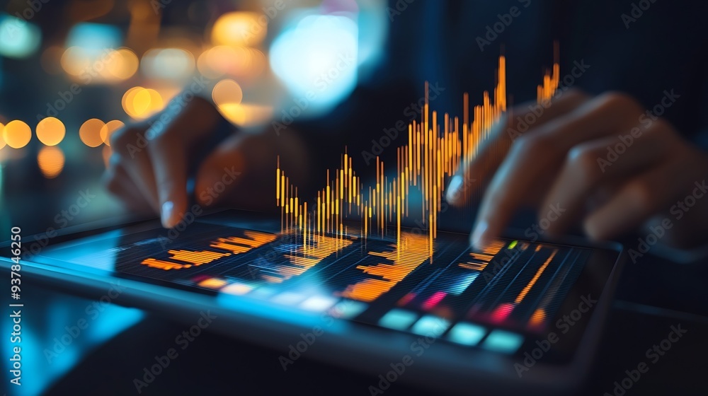 Aufkleber Business finance and investment Data analysis Businessman using tablet analyzing financial graph growth chart stock market report and forex graph business growth finance and investment : Generative AI