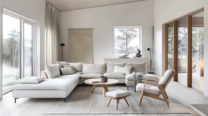 minimalist living room with a white sectional sofa, wooden armchair, and large windows overlooking a natural landscape. The room features a light and airy atmosphere with a focus on natural materials.