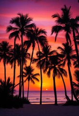 vibrant seaside sunset silhouetted palm trees creating stunning visual display beauty, beach, ocean, horizon, sky, colors, clouds, nature, dusk, evening
